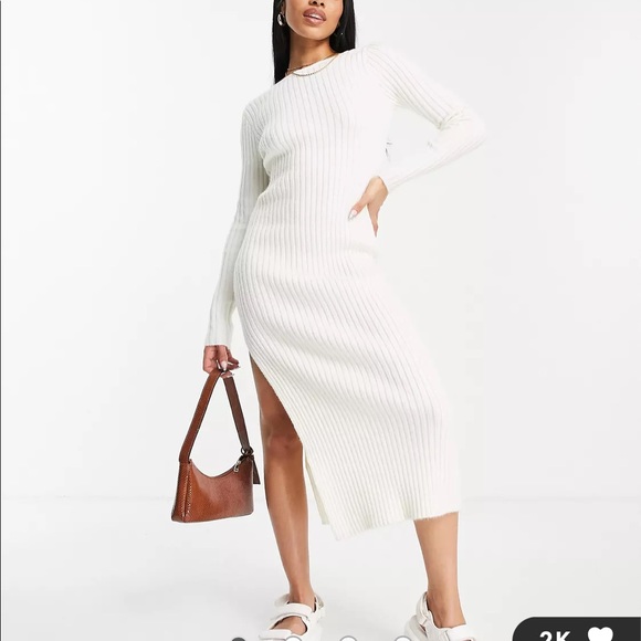 ASOS DESIGN knit maxi dress with asymmetric lace-up back detail in cream US 2 - Picture 4 of 4